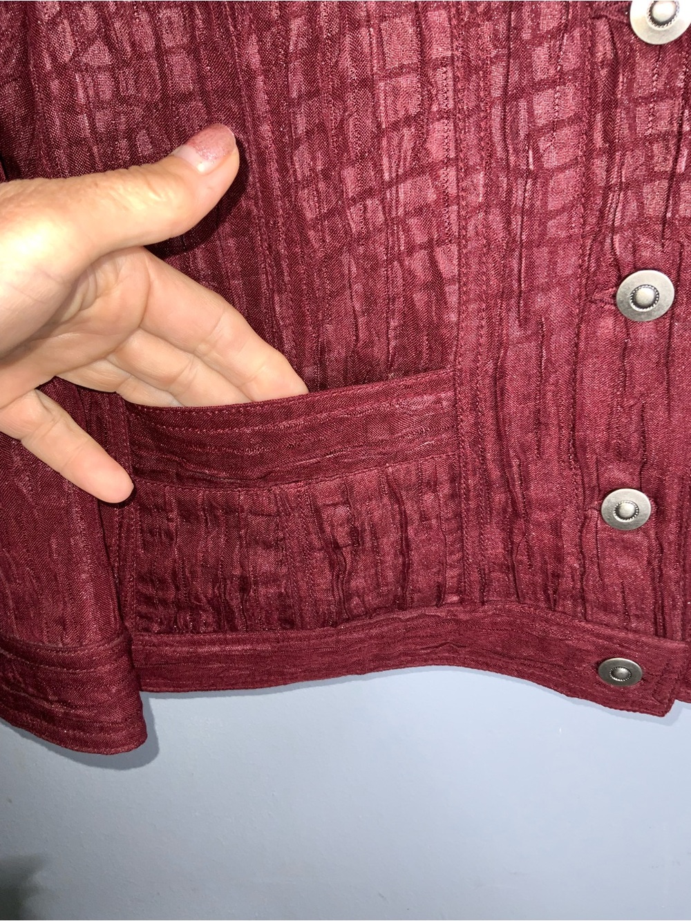 Ruby Rd. Textured Crinkle Button-Front Jacket in Burgundy 8P - Picture 3 of 10